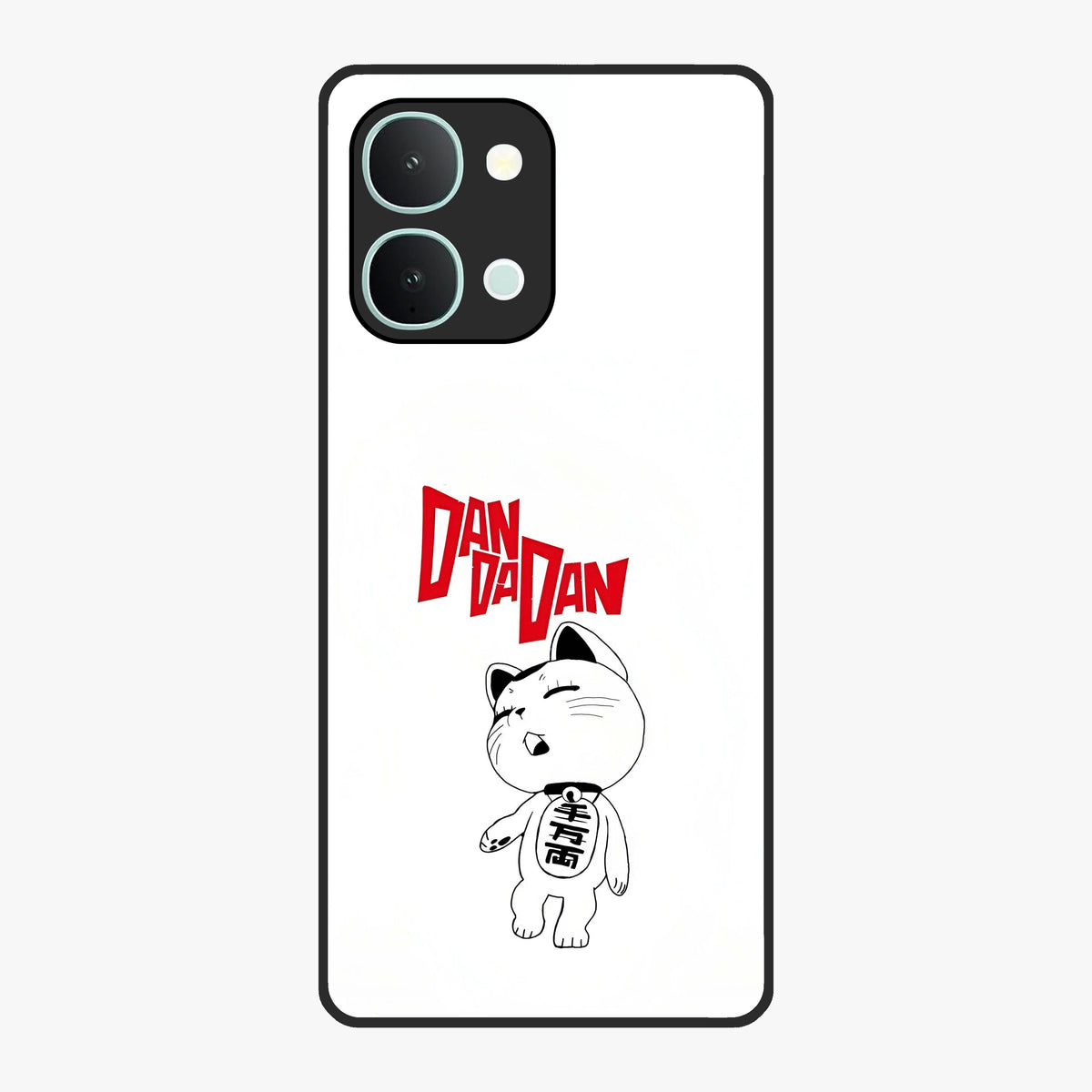 Playful Spirit Charm Glass Case showing flat back view with cheerful charm themed artwork and glossy glass finish.