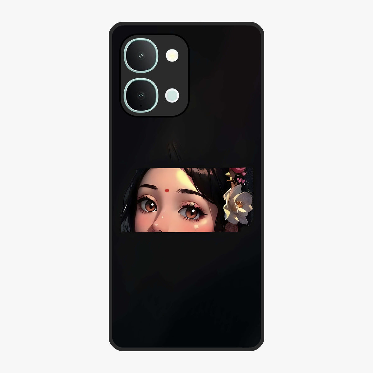 Radha Divine Embrace Glass Case showing flat back view with devotional Radha artwork and glossy glass finish.