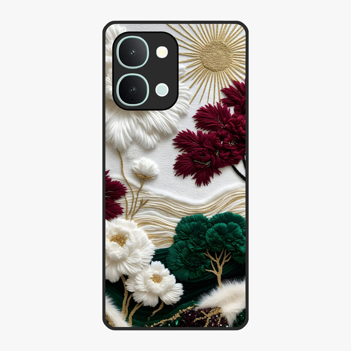 Radiant Bloom Elegance Glass Case showing flat back view with elegant blooming flower artwork and glossy glass finish.