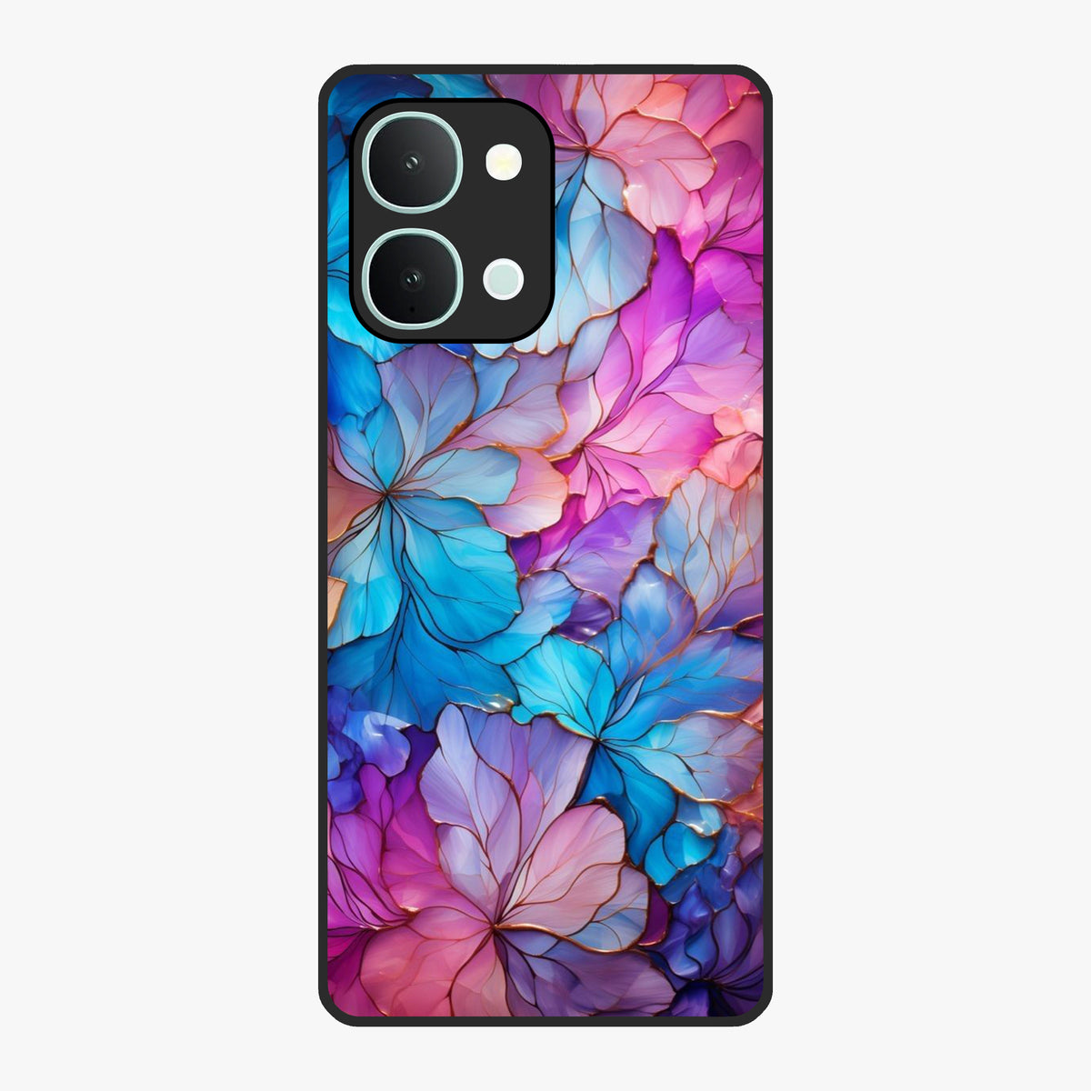Radiant Floral Whirl Glass Case showing flat back view with swirling floral artwork and glossy glass finish.
