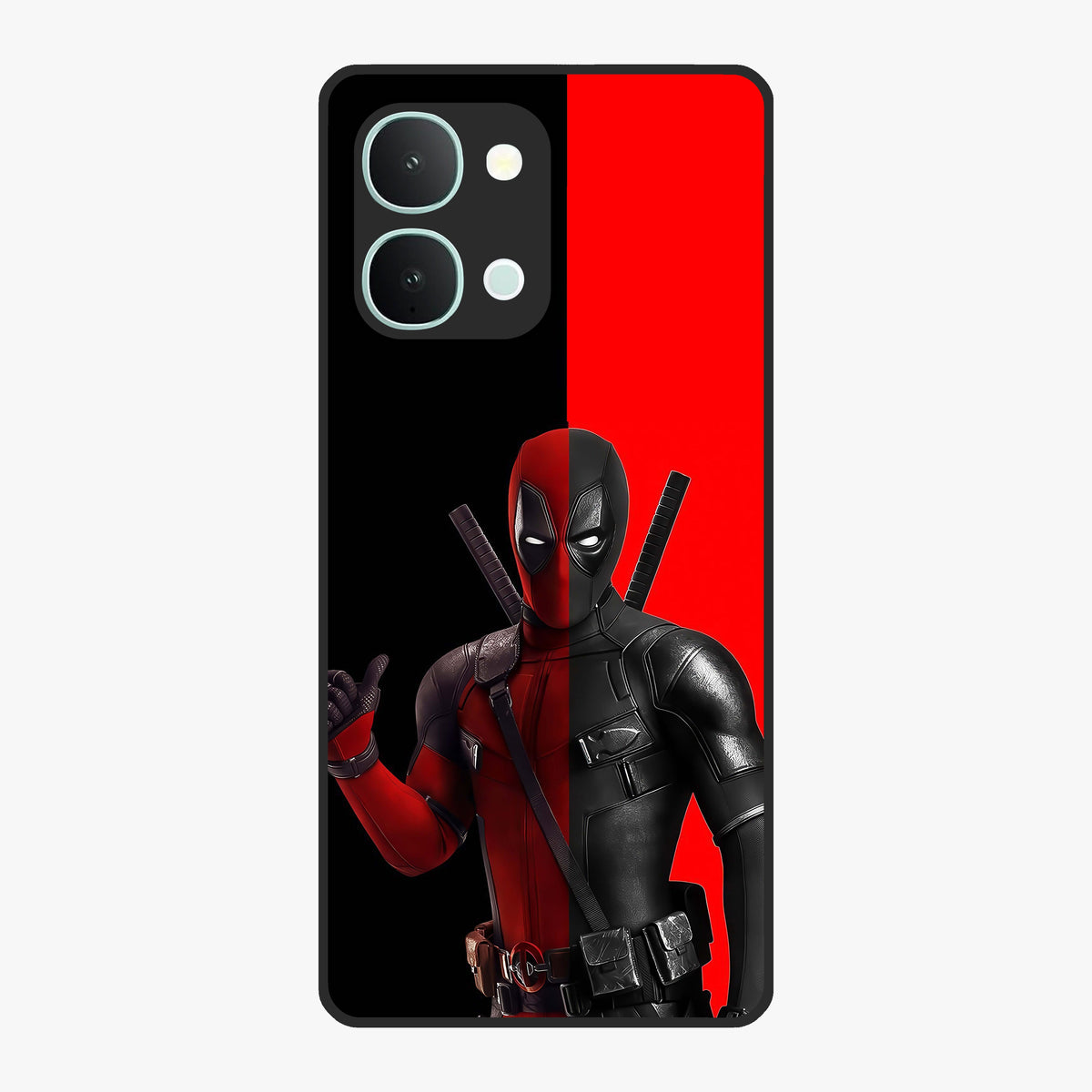 Red & Black Deadpool Theme Glass Case showing flat back view with bold comic inspired artwork and glossy glass finish.