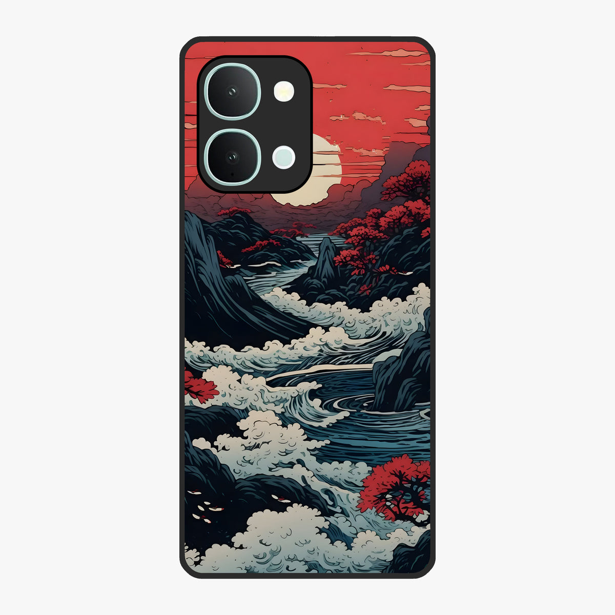 Red Sunset Scenery Glass Case showing flat back view with vibrant sunset landscape artwork and glossy glass finish.