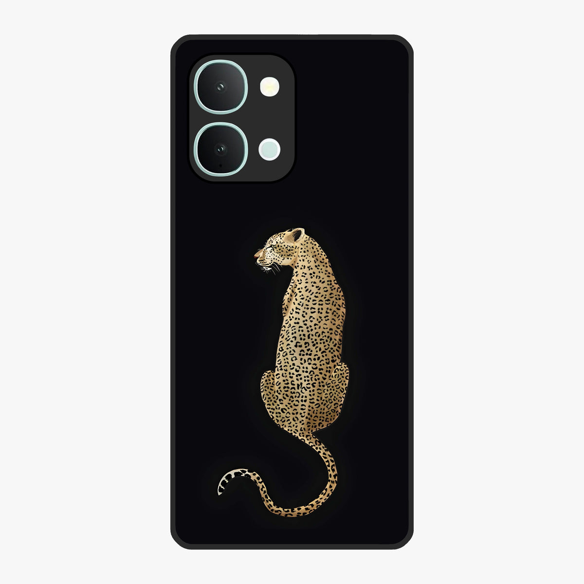 Regal Leopard Glass Case showing flat back view with bold leopard artwork and glossy glass finish.