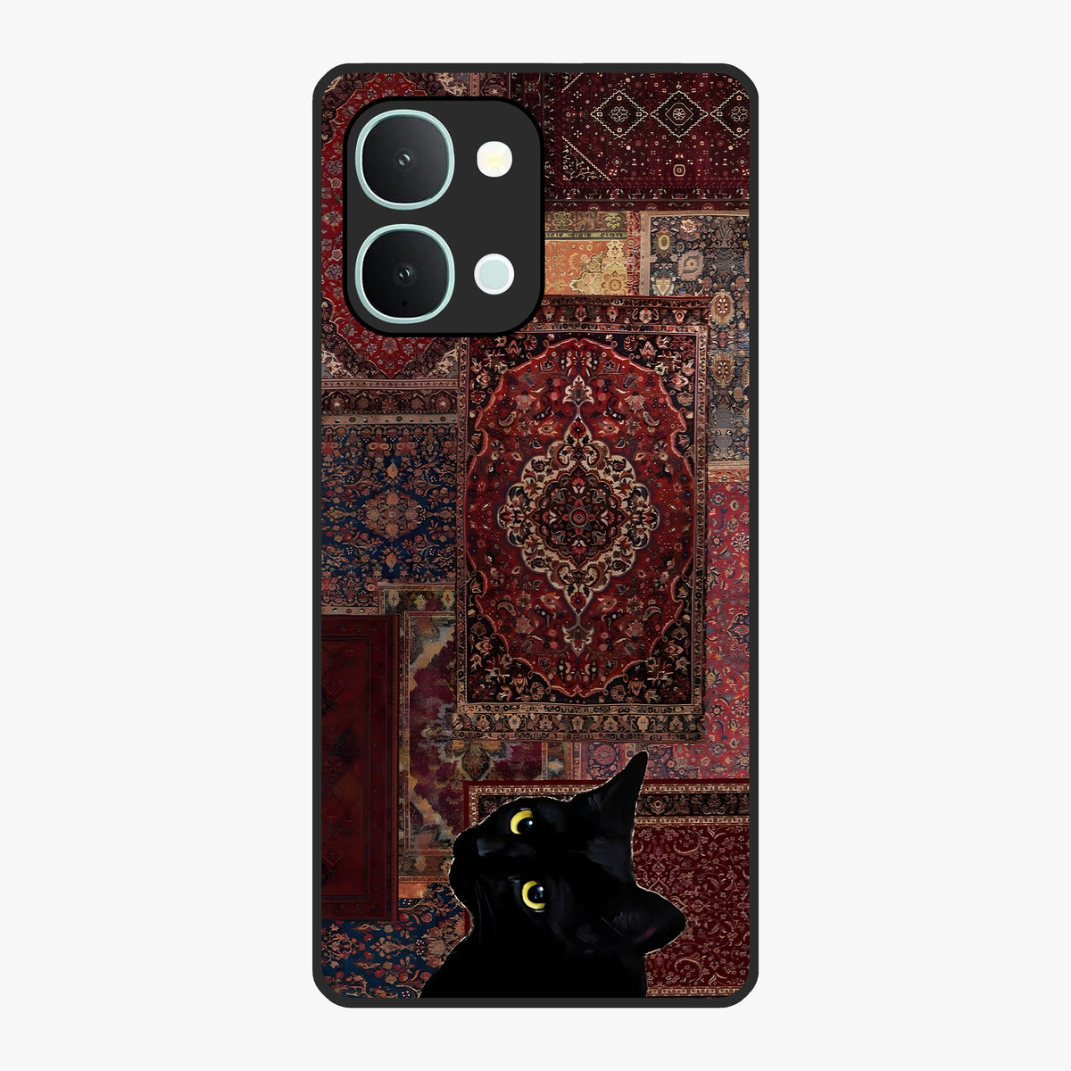 Regal Magic Cat Apple Glass Case showing flat back view with magical cat artwork holding apple and glossy glass finish.
