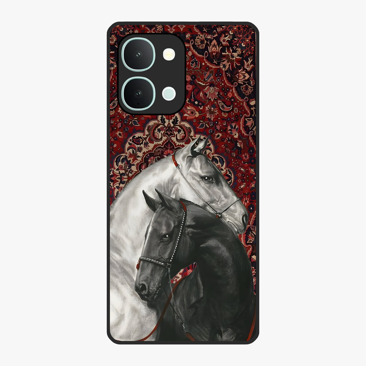Regal Stallion Tapestry Glass Case showing flat back view with majestic horse tapestry artwork and glossy glass finish.