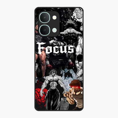Relentless Power Focus Glass Case showing flat back view with motivational typography artwork and glossy glass finish.