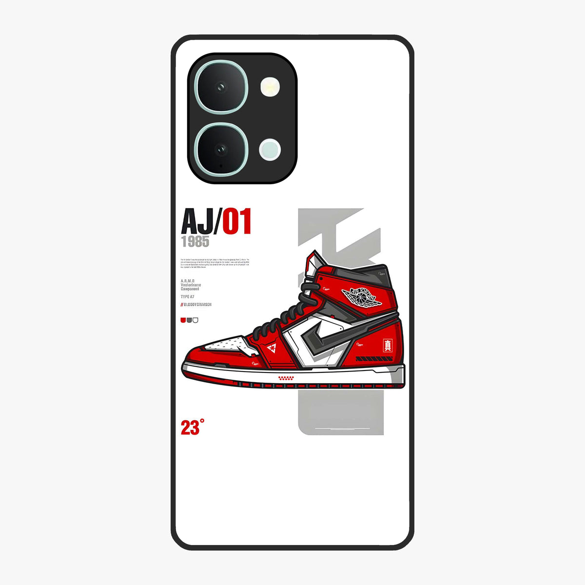 Retro Sneaker Blueprint Glass Case showing flat back view with sneaker blueprint style artwork and glossy glass finish.