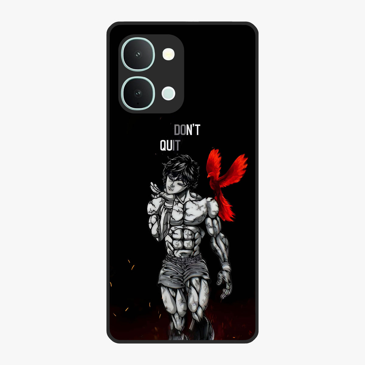 Rise Beyond Limits Glass Case showing flat back view with motivational typography artwork and glossy glass finish.
