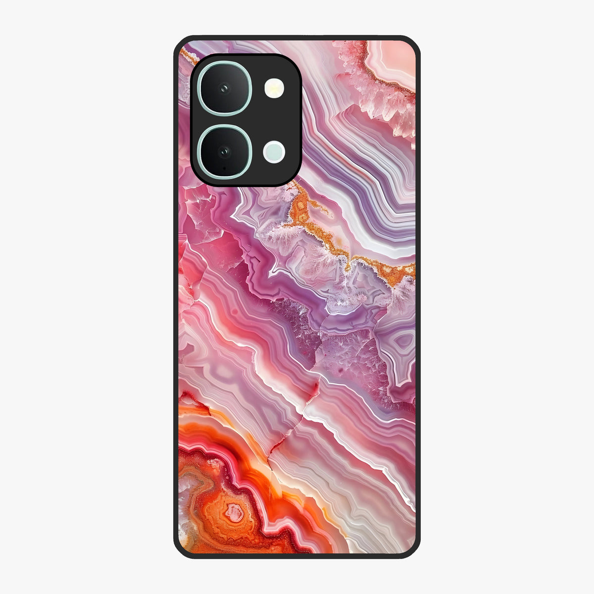 Rose Quartz Marble Glass Case showing flat back view with pink marble quartz texture artwork and glossy glass finish.