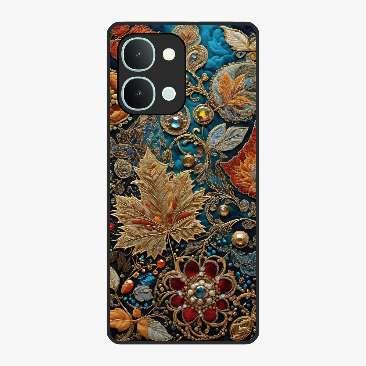 Royal Jewel Garden Glass Case showing flat back view with decorative floral garden artwork and glossy glass finish.