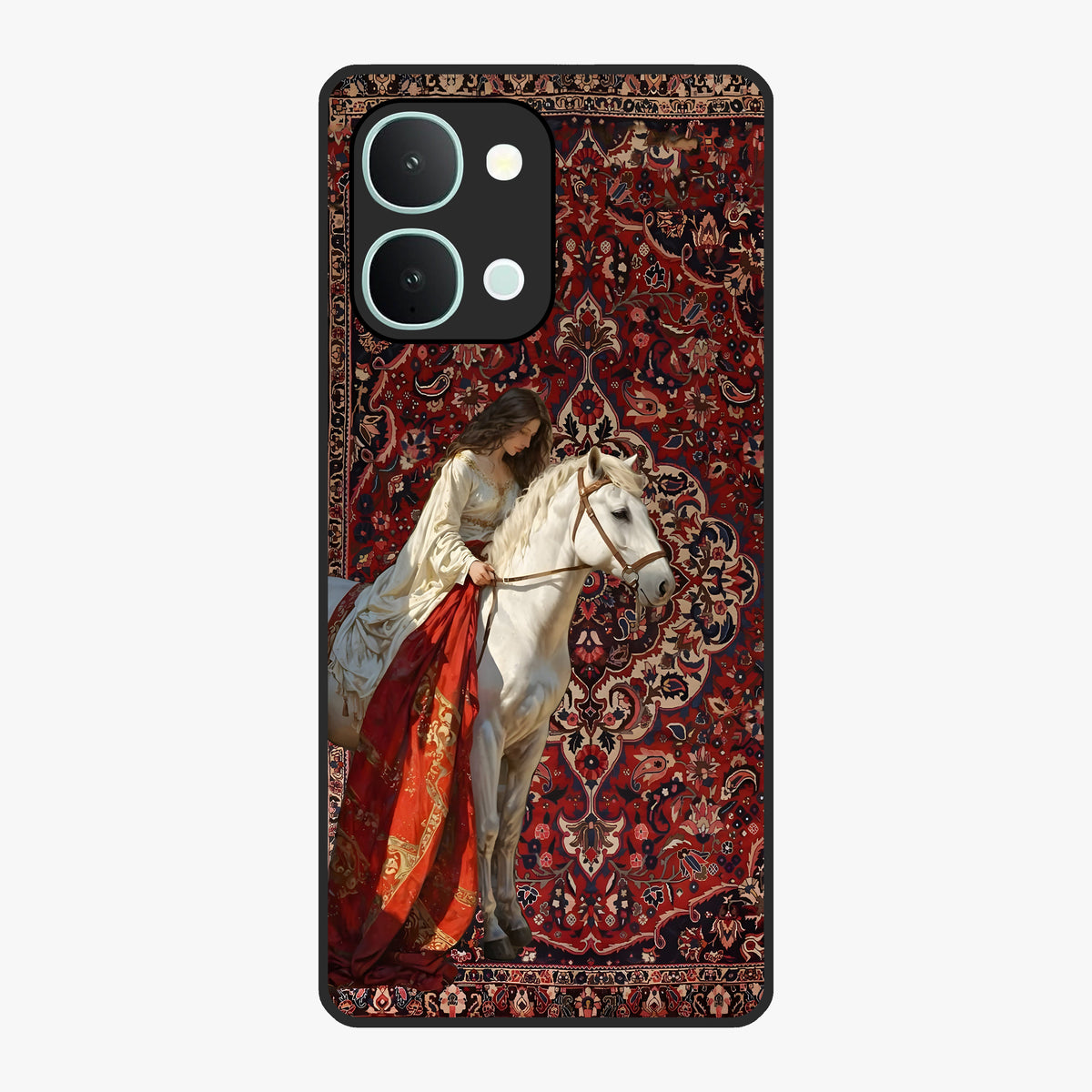 Royal Rider Tapestry Glass Case showing flat back view with majestic horse rider tapestry artwork and glossy glass finish.