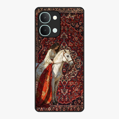 Royal Rider Tapestry Glass Case showing flat back view with majestic horse rider tapestry artwork and glossy glass finish.