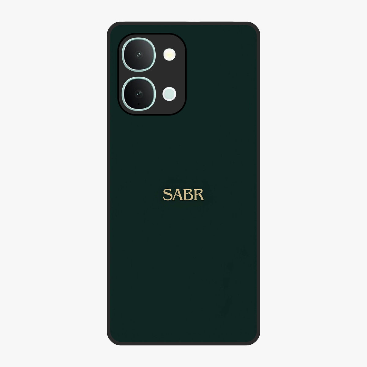 Sabr Minimal Patience Glass Case showing flat back view with minimalist typography artwork and glossy glass finish.