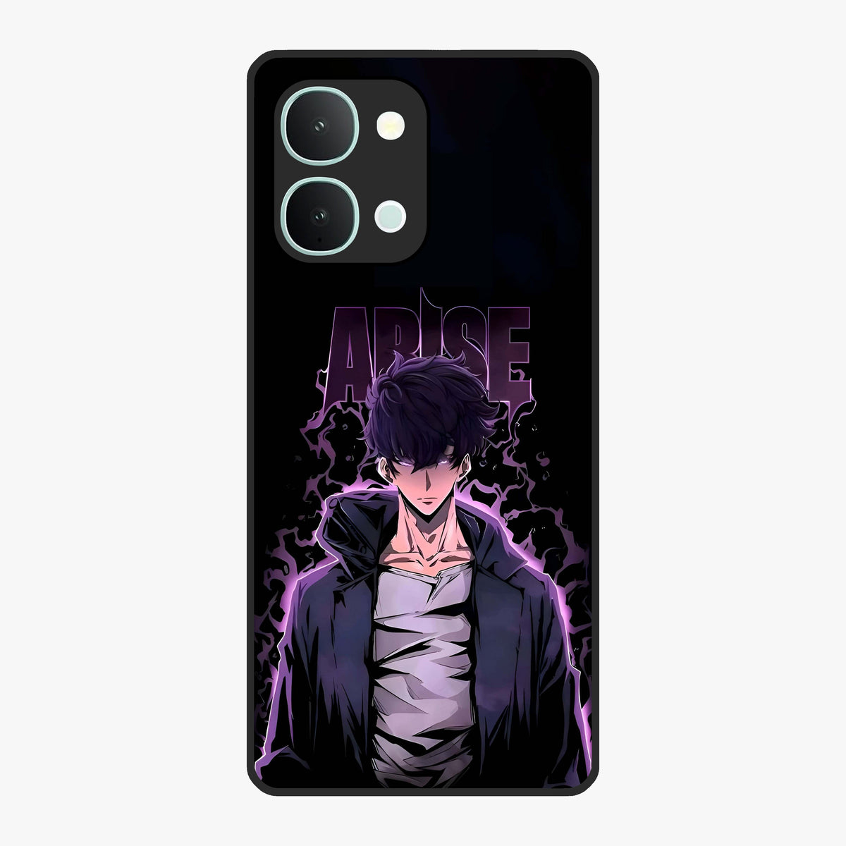 Shadow Monarch Awakening Glass Case showing flat back view with powerful dark monarch themed artwork and glossy glass finish.