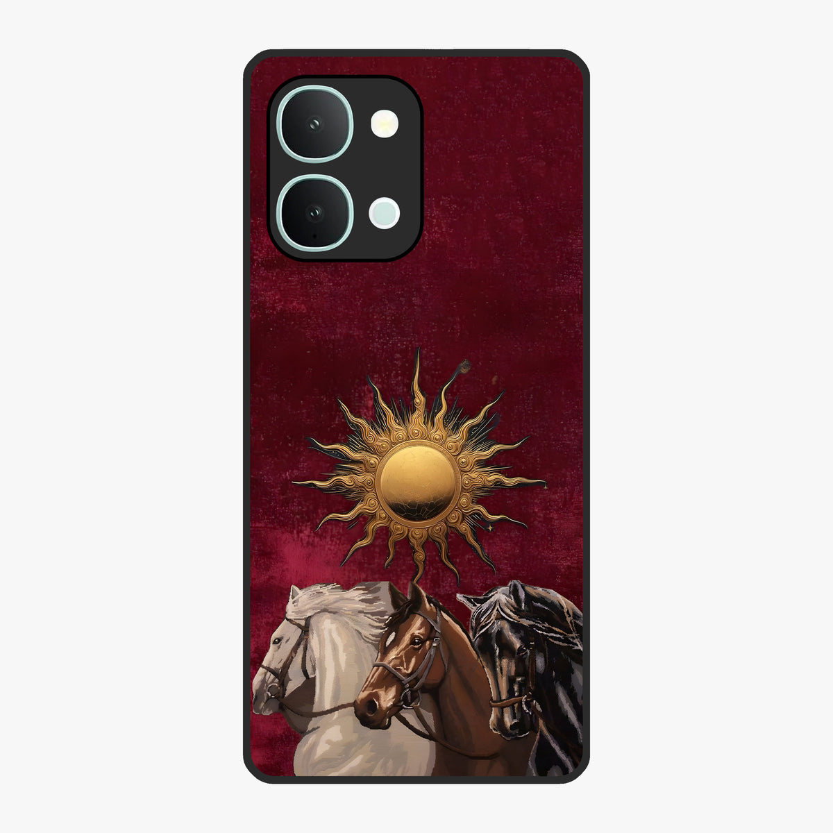 Solar Riders Glass Case showing flat back view with dynamic rider themed artwork and glossy glass finish.