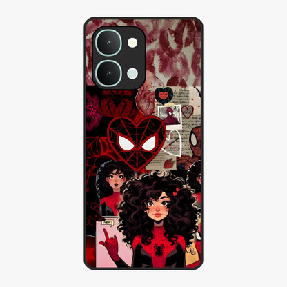 Spider Love Story Glass Case showing flat back view with romantic superhero themed artwork and glossy glass finish.