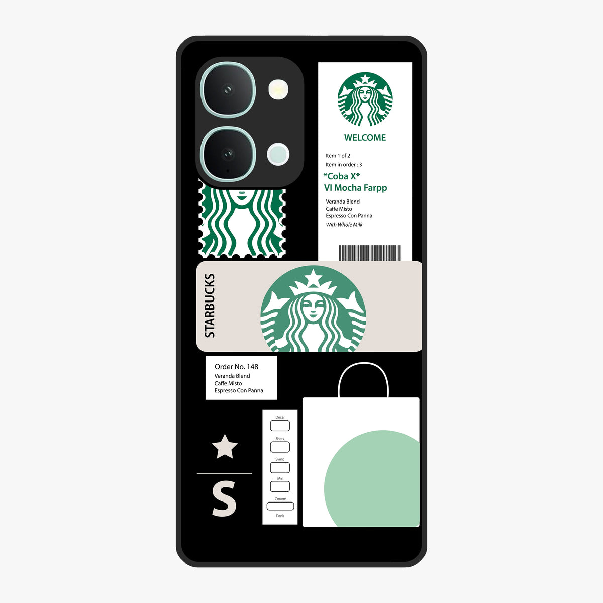 Starbucks Mocha Glass Case showing flat back view with coffee inspired artwork and glossy glass finish.
