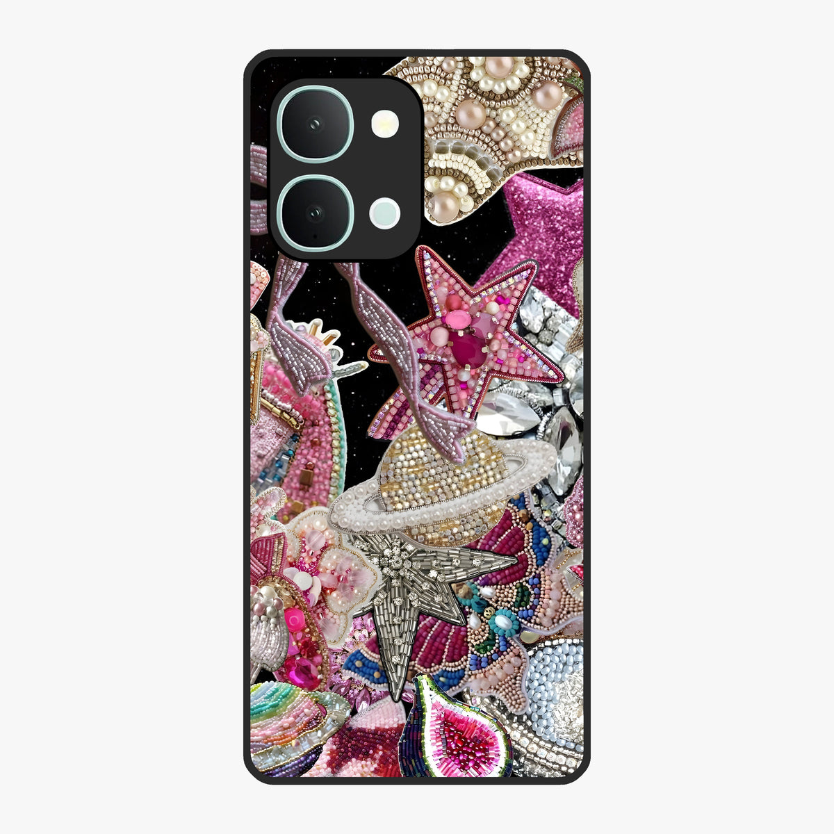 Starlit Jewel Dream Glass Case showing flat back view with sparkling jewel and star themed artwork and glossy glass finish.
