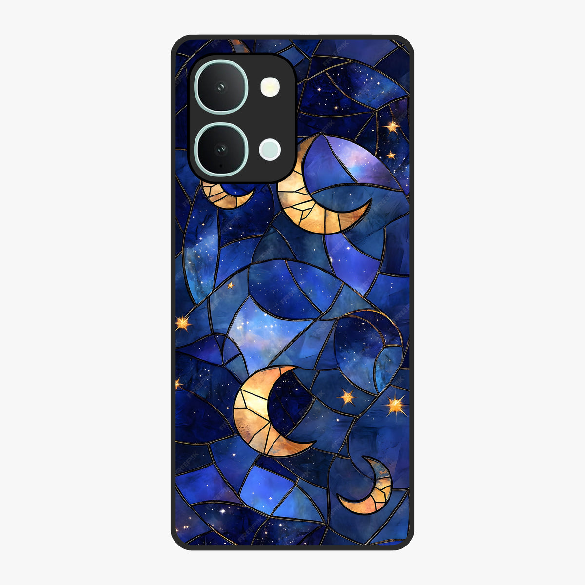 Starlit Sky Tapestry Glass Case showing flat back view with decorative starry sky tapestry artwork and glossy glass finish.