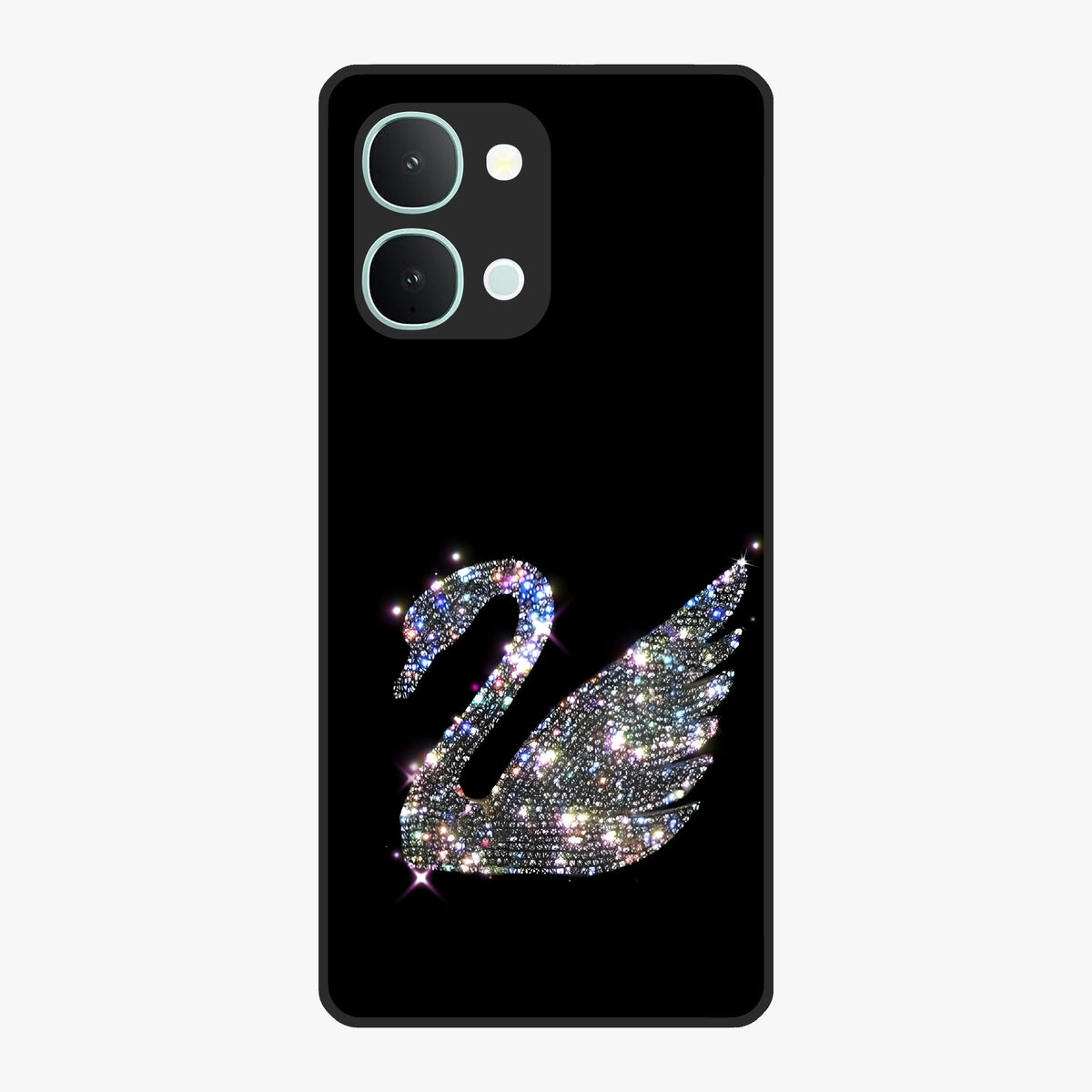 Starlit Swan Grace Glass Case showing flat back view with graceful swan artwork under starry sky and glossy glass finish.