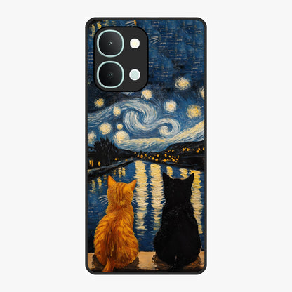 Starry River Cats Glass Case showing flat back view with cats by a starry river artwork and glossy glass finish.