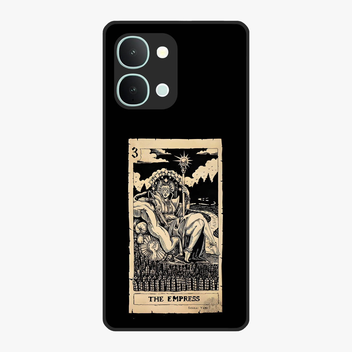 The Empress Glass Case showing flat back view with regal feminine artwork and glossy glass finish.