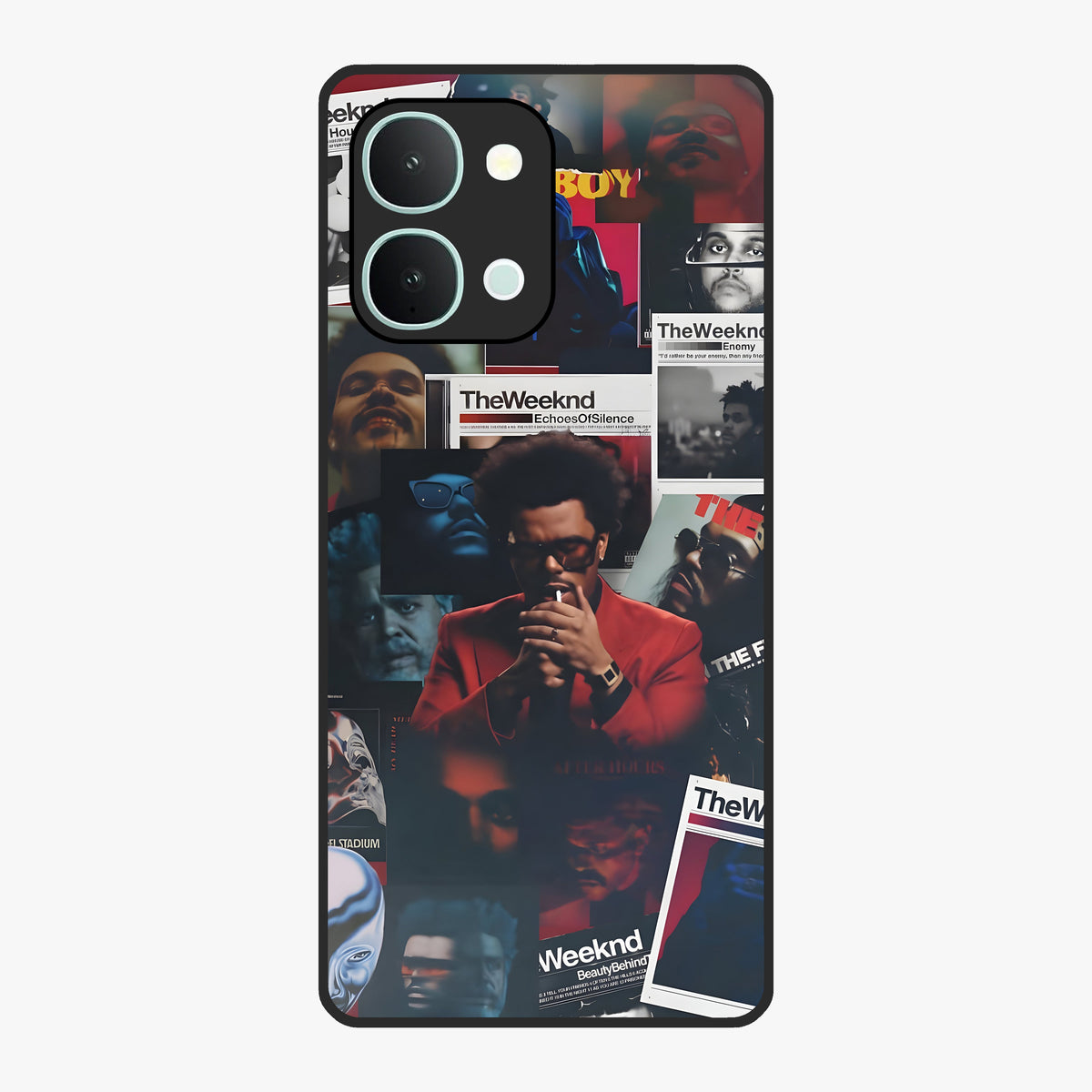The Weeknd Glass Case showing flat back view with music inspired artistic portrait artwork and glossy glass finish.