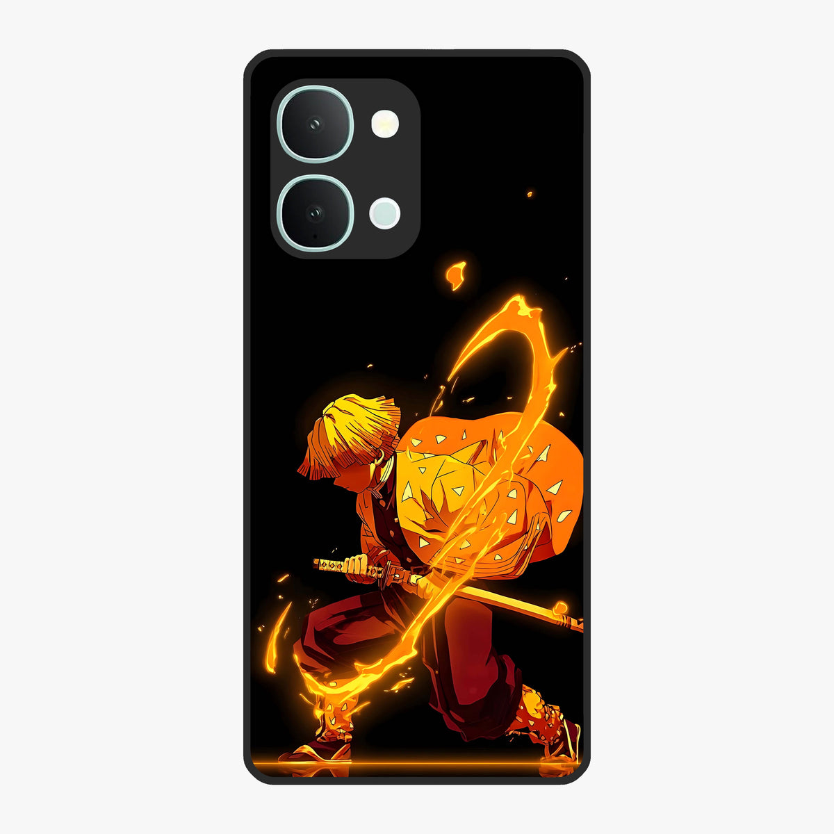 Thunder Flame Execution Glass Case showing flat back view with powerful flame and lightning artwork and glossy glass finish.