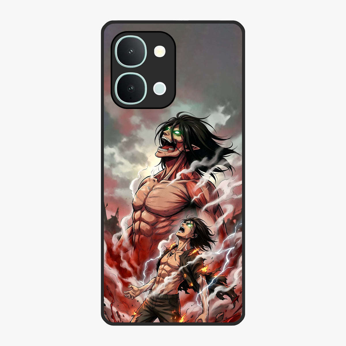 Titan Awakening Fury Glass Case showing flat back view with powerful titan inspired artwork and glossy glass finish.