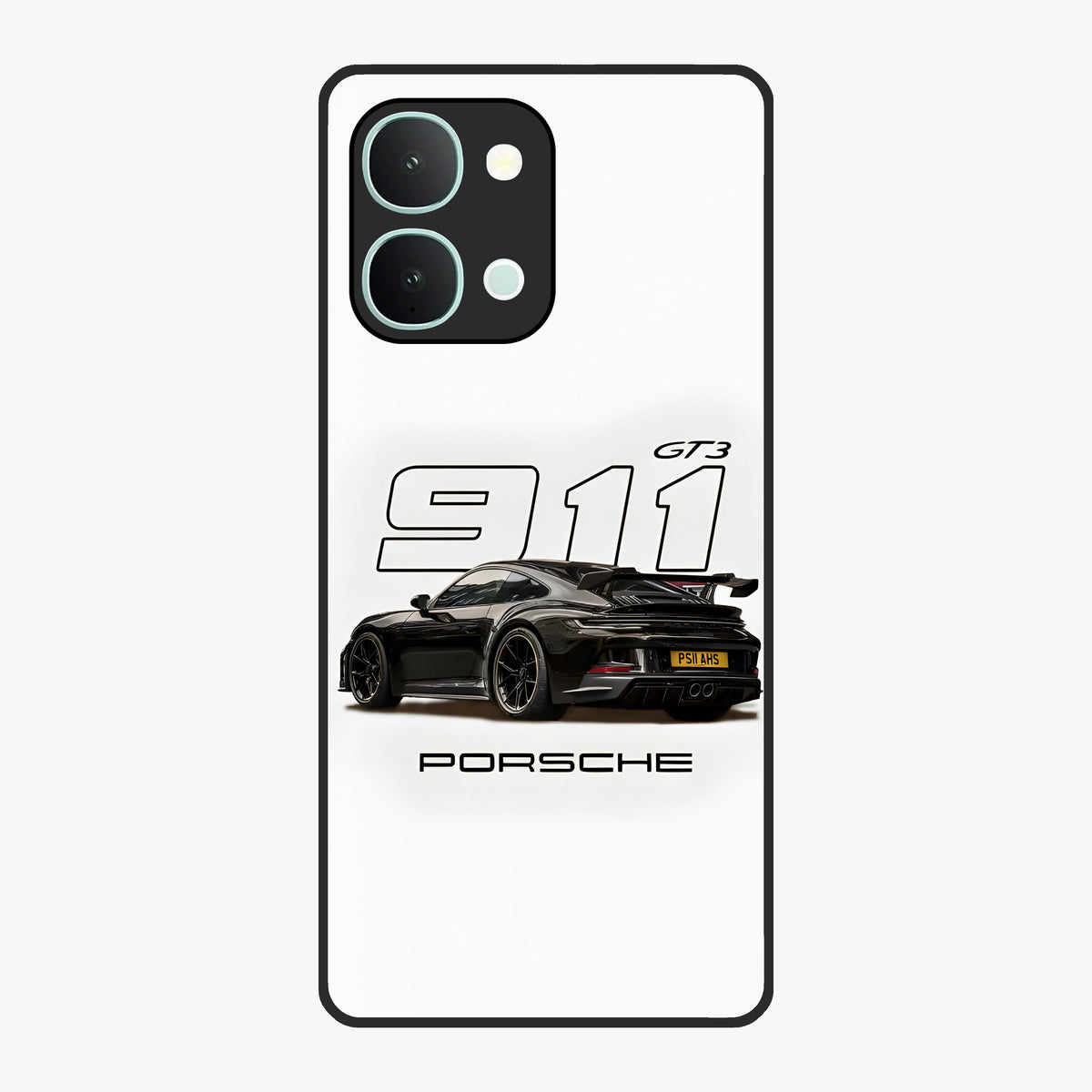 Turbo Legacy Icon Glass Case showing flat back view with iconic sports car inspired artwork and glossy glass finish.