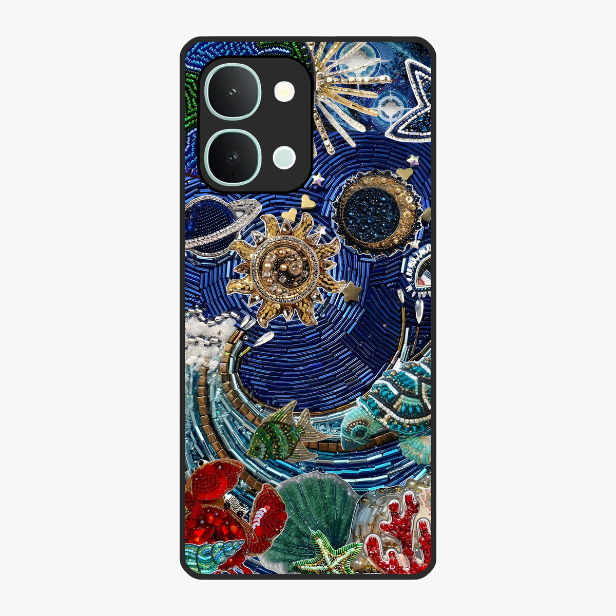 Universe Underwater Spark Glass Case showing flat back view with cosmic underwater themed artwork and glossy glass finish.