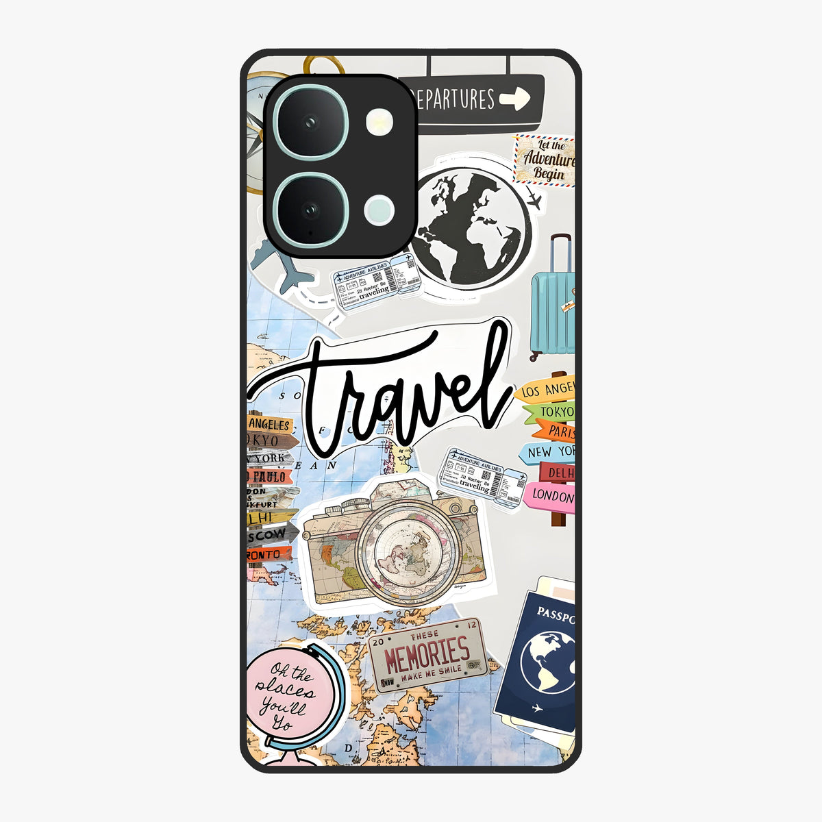 Wanderlust Journal Glass Case showing flat back view with travel inspired artwork and glossy glass finish.