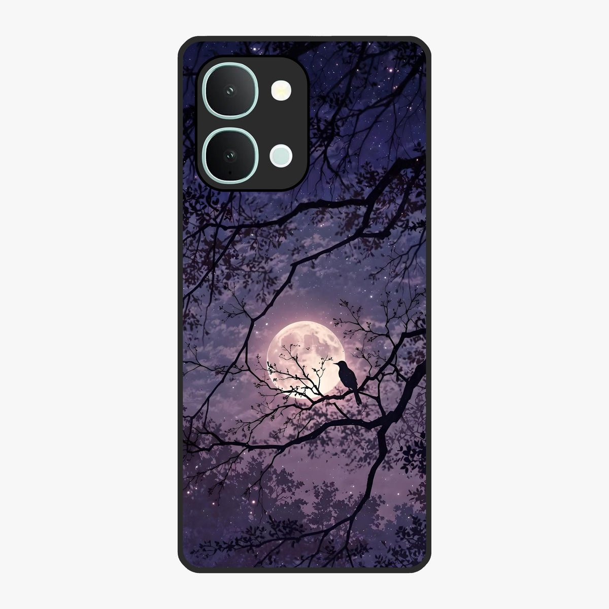 Whispering Moon Silence Glass Case showing flat back view with serene moon themed artwork and glossy glass finish.