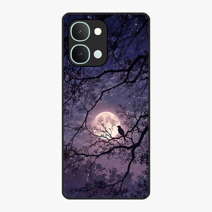 Whispering Moon Silence Glass Case showing flat back view with serene moon themed artwork and glossy glass finish.