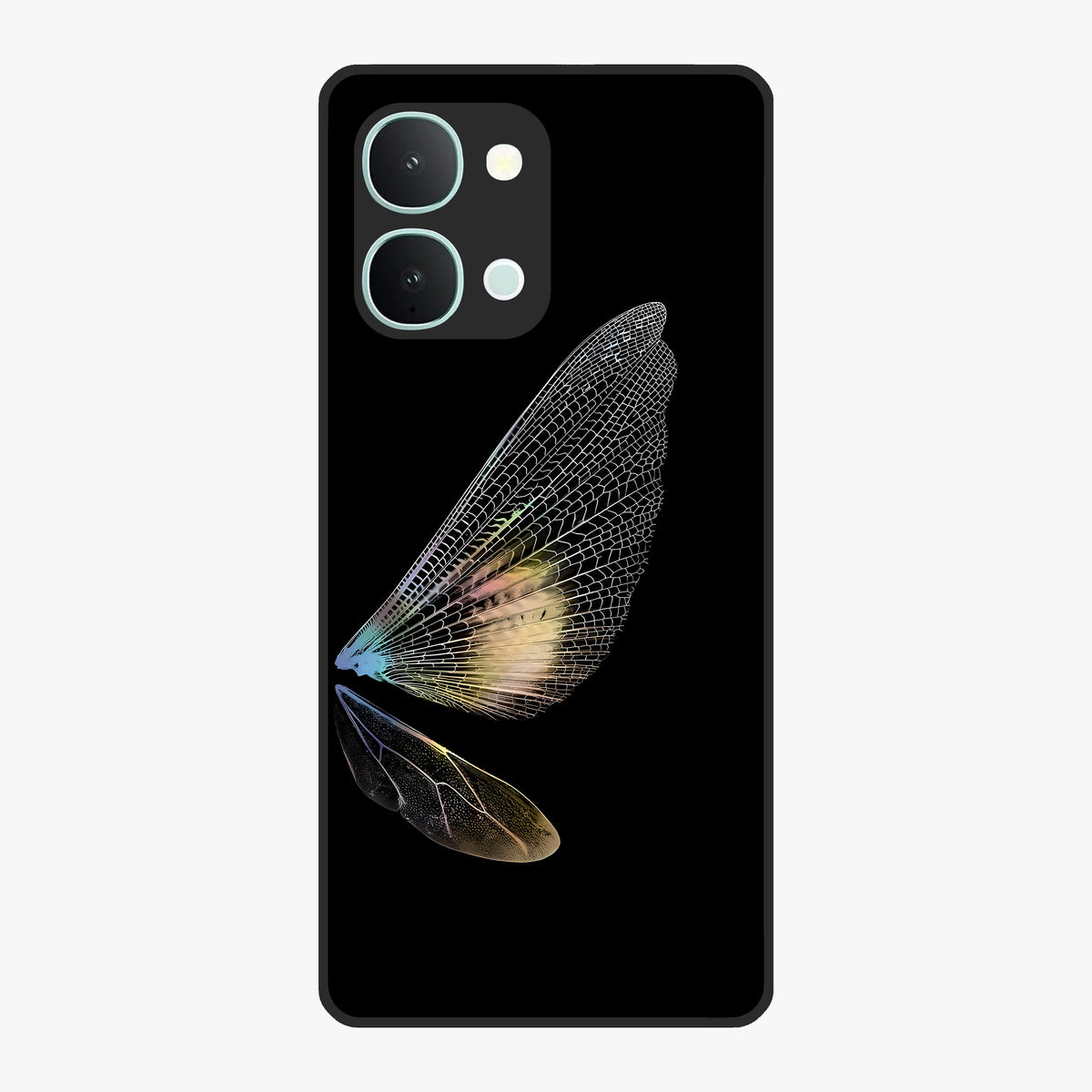 Whispers Of Wings Glass Case showing flat back view with graceful wing inspired artwork and glossy glass finish.