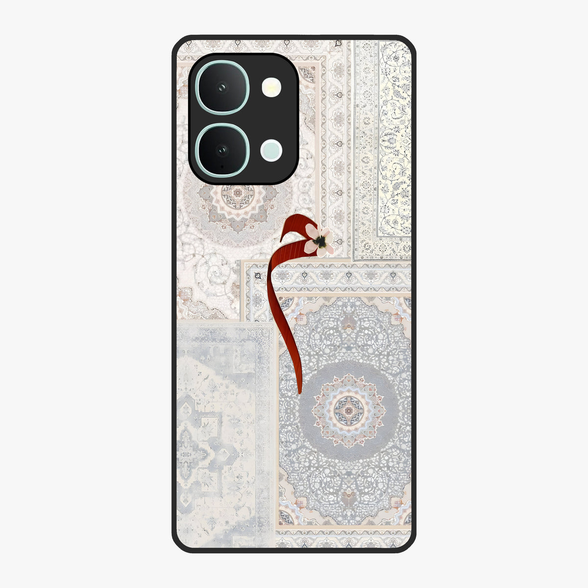 White Aesthetic Bow Glass Case showing flat back view with minimal bow artwork and glossy glass finish.