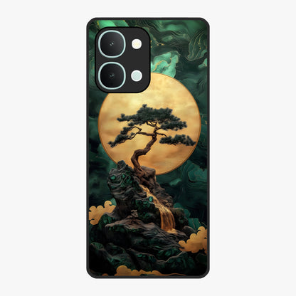 Zen Moon Rise Glass Case showing flat back view with calm moonrise artwork and glossy glass finish.