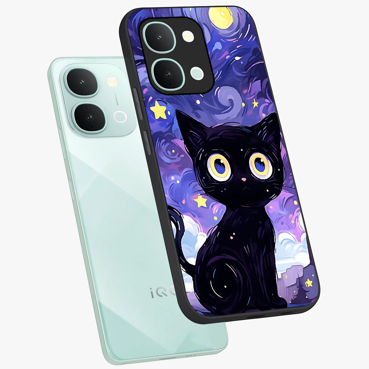 Abstract Cat Art Glass Case displayed in angled mockup highlighting modern abstract cat artwork and sleek glass surface.