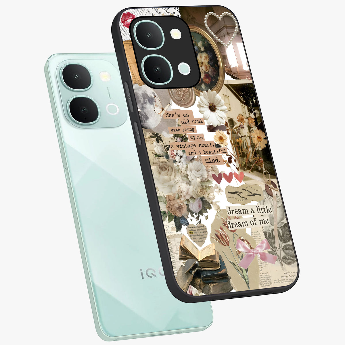 Aesthetic Brown Vintage Collage Glass Case displayed in angled mockup highlighting vintage aesthetic collage design.