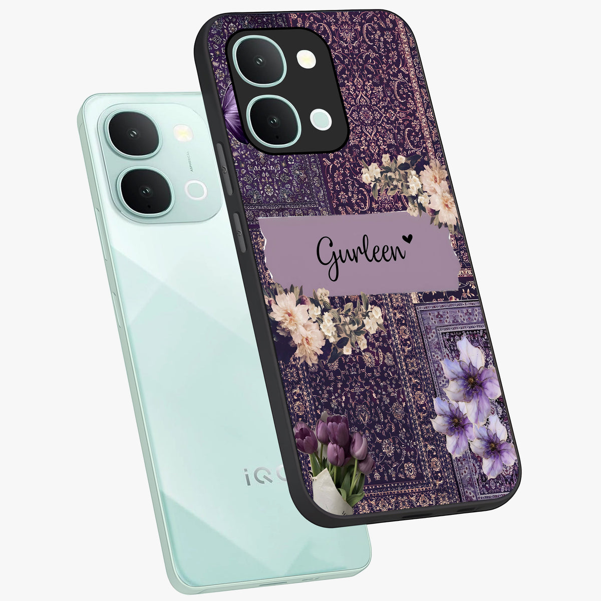 Antique Floral Whisper Custom Name Glass Case displayed in angled mockup highlighting elegant antique floral aesthetic.