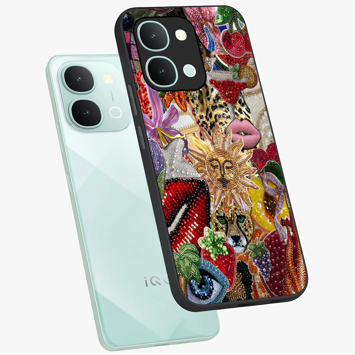 Beaded Fashion Jungle Glass Case displayed in angled mockup highlighting colorful fashion bead design and artistic pattern.