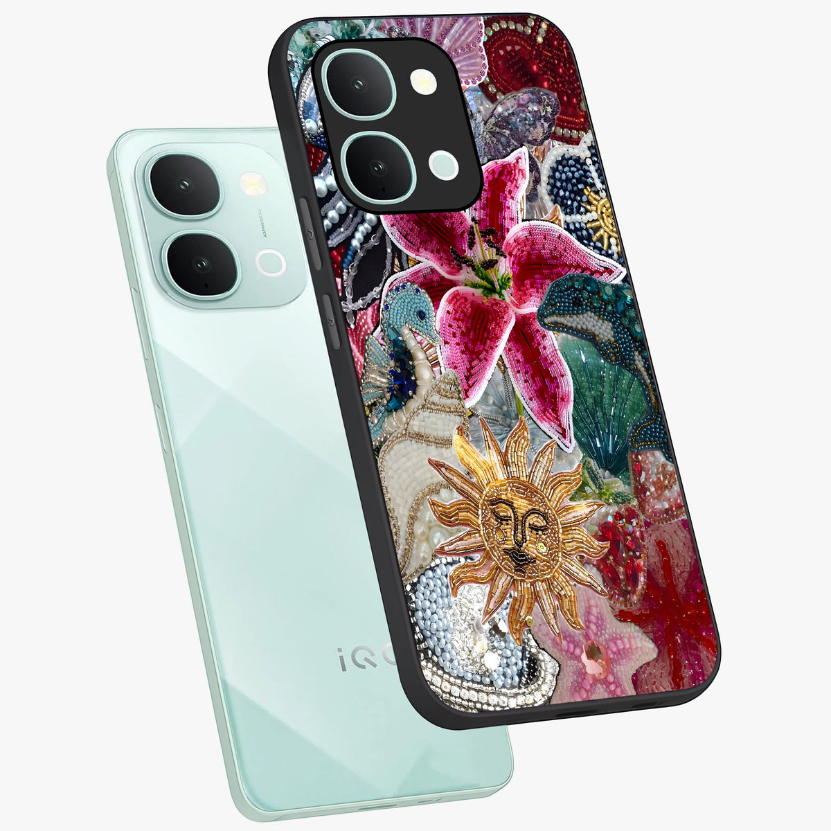 Beaded Garden Fantasy Glass Case displayed in angled mockup highlighting fantasy inspired floral bead pattern.