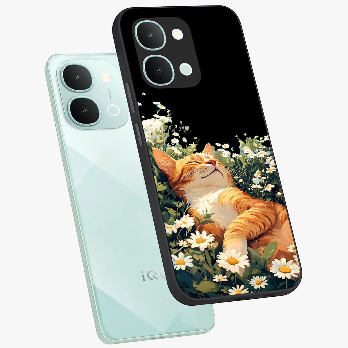 Blissful Bloom Cat Glass Case displayed in angled mockup highlighting playful feline illustration with soft floral aesthetic.