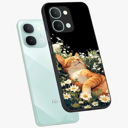 Blissful Bloom Cat Glass Case displayed in angled mockup highlighting playful feline illustration with soft floral aesthetic.