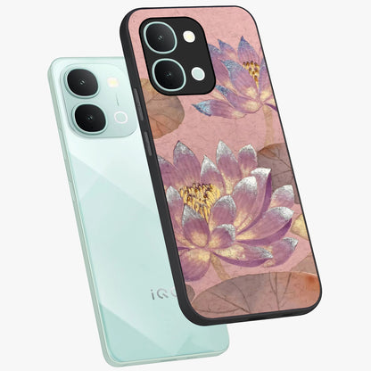 Blossom Mist Lotus Glass Case displayed in angled mockup highlighting delicate lotus illustration with calm aesthetic theme.