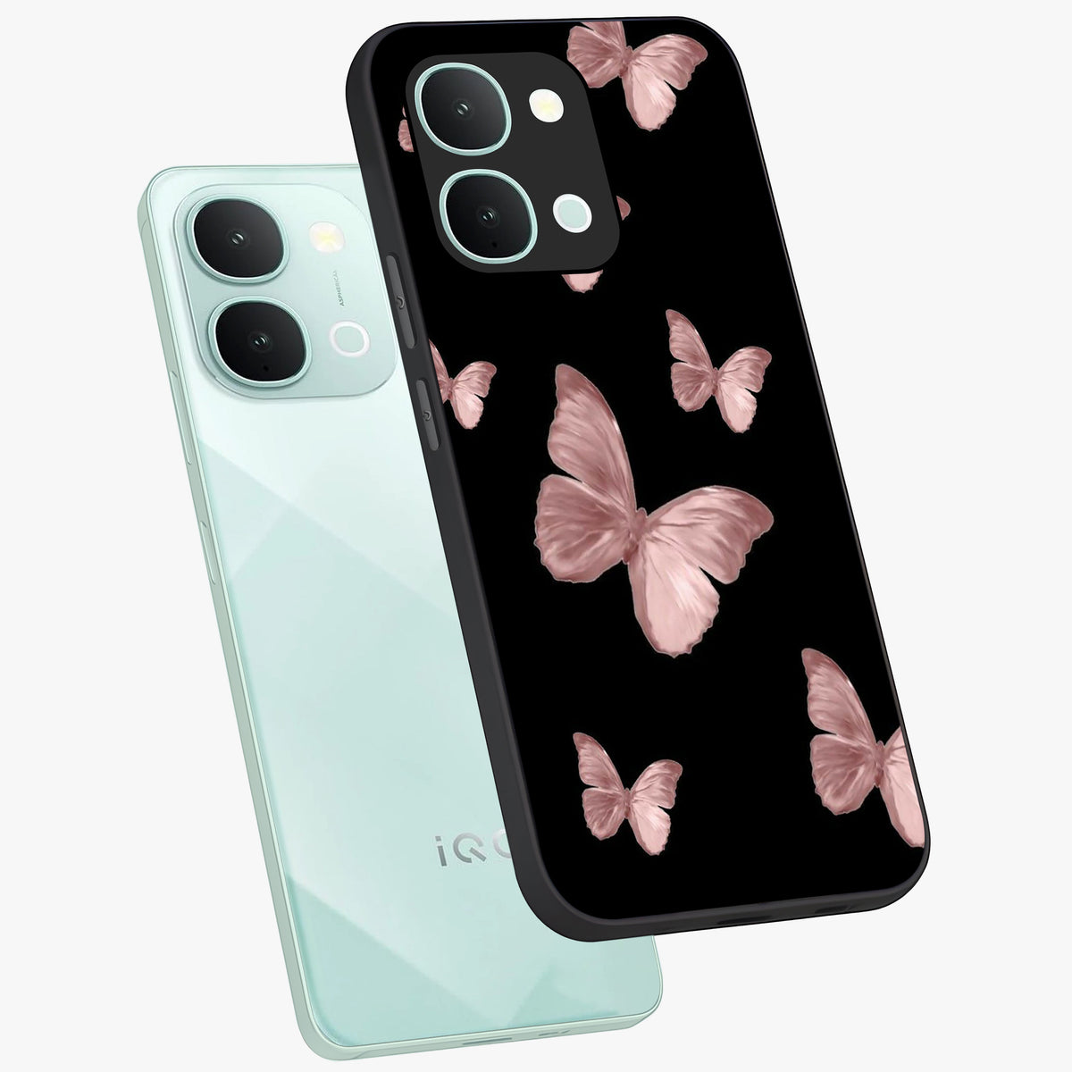 Butterfly Pattern Glass Case displayed in angled mockup highlighting delicate butterfly design and aesthetic pattern style.