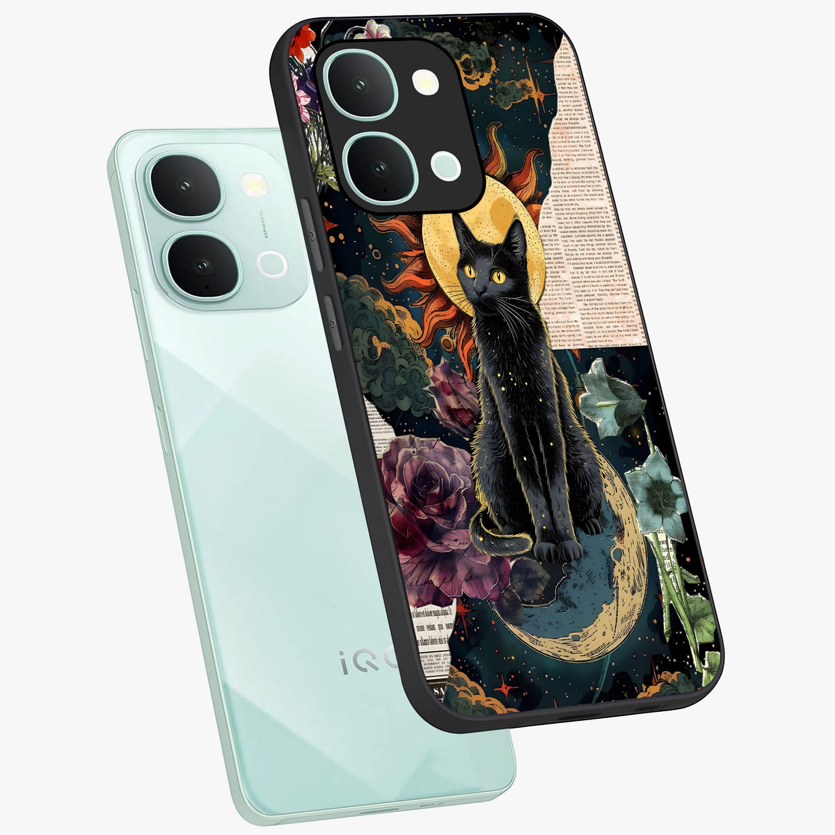 Celestial Black Cat Glass Case displayed in angled mockup highlighting cosmic black cat design with celestial aesthetic.