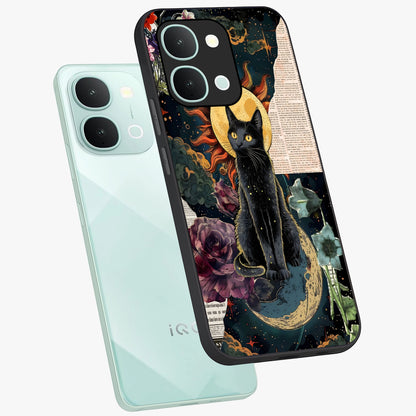 Celestial Black Cat Glass Case displayed in angled mockup highlighting cosmic black cat design with celestial aesthetic.