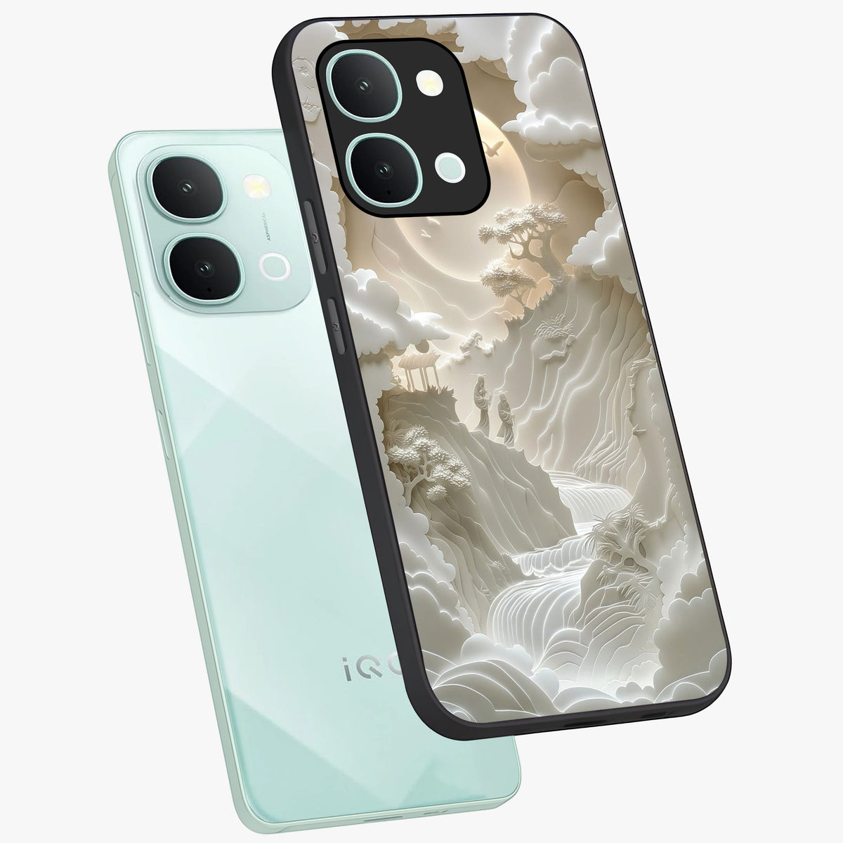 Celestial Origami Glass Case displayed in angled mockup highlighting geometric origami design with cosmic aesthetic theme.