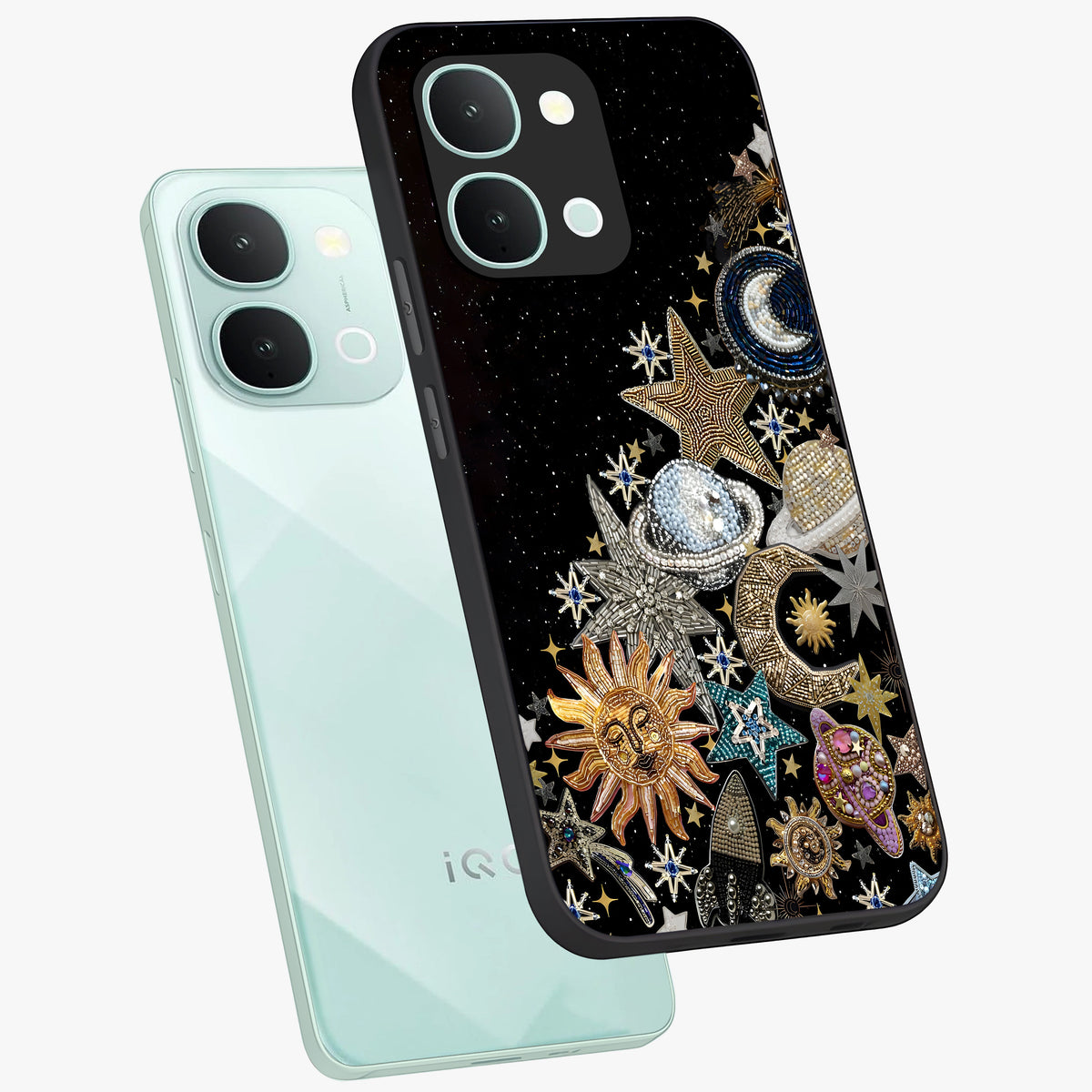 Cosmic Sparkle Dreams Glass Case displayed in angled mockup highlighting dreamy star sparkle design with celestial aesthetic.